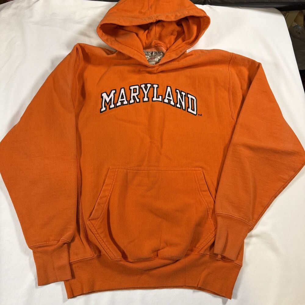 University Maryland Vintage Orange Steve & Barry’s Pullover Hoodie Mens XS Y2K